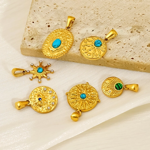 Vintage Boho Anhänger Edelstahl 18K Vergoldet Geometrische Sonne Stern Böser Blick Türkis Eingelegt Schmuck
