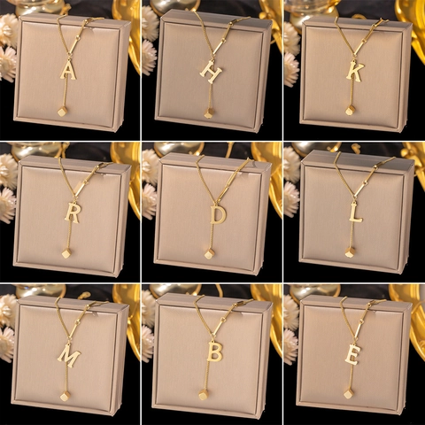 Collier Avec Pendentif Lettre Initiale Acier Inoxydable Carré Cube Or Chaîne Y Minimaliste Pour Femmes