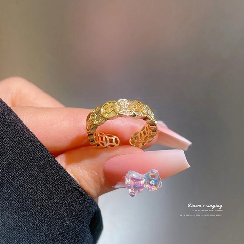 Luxury Gold Plated Brass Ring Chinese Ancient Coin Pattern Adjustable Opening Cubic Zirconia Inlaid Jewelry For Women