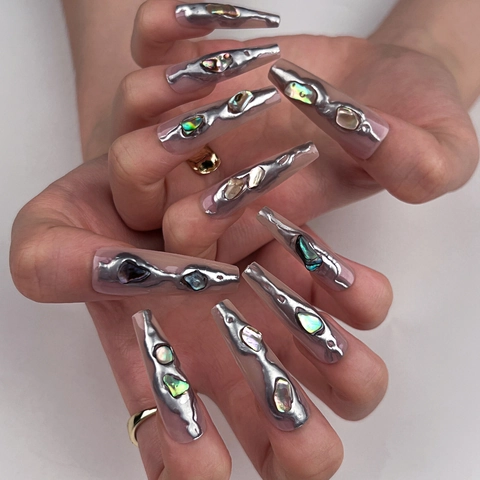 Long Coffin Press On Nails Silver 3D Liquid Metal Molten Design With Shell Fragment Y2K Elegant Style For Women