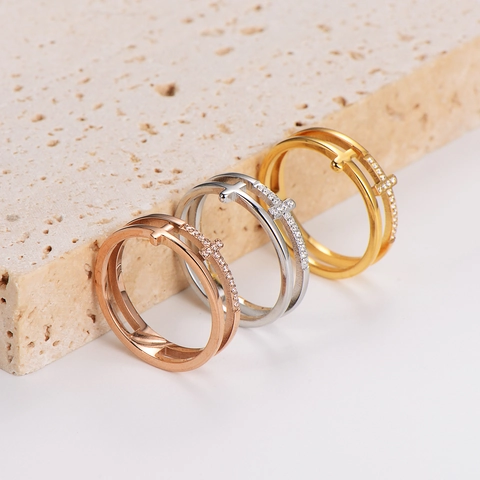 Layered Hollow Cross Ring 304 Stainless Steel Rhinestone Inlaid Religious Fashion Trendy Jewelry For Women