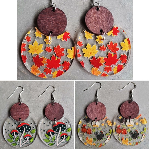 Holz Acryl Drop Ohrringe Ahornblatt Pilz Huhn Muster Erntedankfest Ländlicher Stil Schmuck Damen Geschenk Accessoire