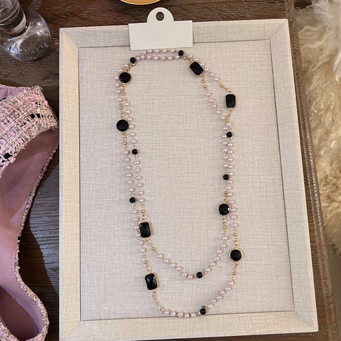 Long Necklace Faux Artificial Pearl Black Geometric Stone Double Layered Retro Elegant Vintage Sweater Chain Women Accessory