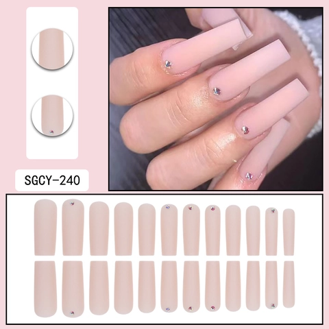 Unghie Finte A Pressione Lunghe Coffin Opache Rosa Nude Strass Decorative Unghie Artificiali Moda Eleganti Per Donne
