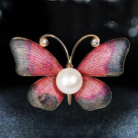 Spilla in Lega Smaltata Vintage a Forma di Libellula Farfalla e Fungo Con Perla d'Acqua Dolce Strass Elegante Gioielli Donna