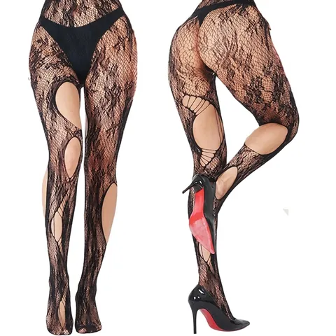 Women Plus Size Lace Pantyhose Floral Pattern Ripped Fishnet Tights Gothic Hollow Out Nylon Spandex Sexy Leggings