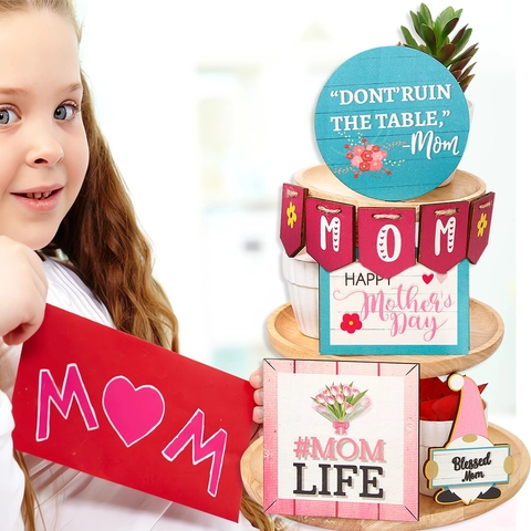 Decorazioni per Vassoio a Livelli per la Festa della Mamma Insegne in Legno Happy Mother's Day MOM Cuore Lettera Gnomo Ornamenti Festa Casa