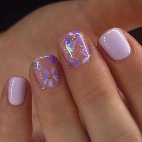 Press On Nagels Paars Bloemenpatroon Metalen Studs Vierkant Afneembaar Kunstnagels Hars Glanzende Afwerking Manicure Dames