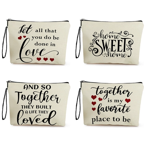 Kosmetiktasche Canvas Leinen Make-up Beutel Mit Reißverschluss Handschlaufe Zitat Brief Herz Druck Valentinstag Geschenk