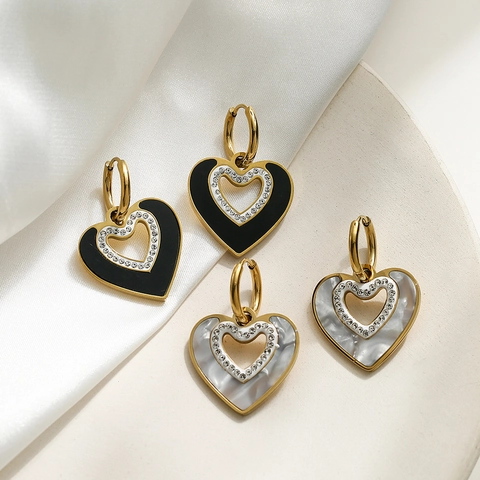 Pendientes De Aro De Corazón De Acero De Titanio Chapado En Oro Geométricos Con Circón Y Textura De Concha Para Mujer