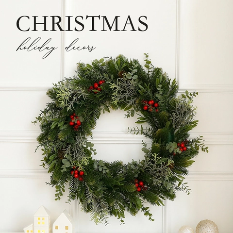 Artificial Christmas Wreath Pine Cones Red Berries Snow Pine Needles Front Door Wall Window Decoration Home Holiday