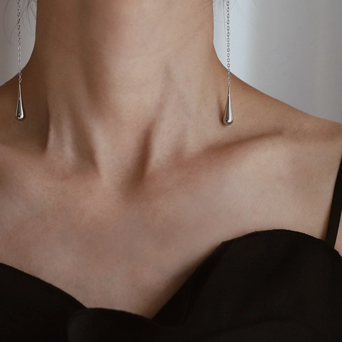 Cyberpunk Large Teardrop Smooth Long Tassel Ear Hooks Stainless Steel Dangle Earrings For Women Silver Fashion Jewelry