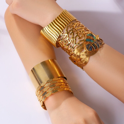 Bracciale Rigido Aperto In Acciaio Inossidabile Placcato Oro 18K Per Donna Design Foglia Onda Corallo Conchiglia Gioielli