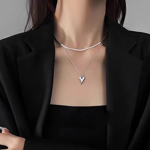 Minimalist Double Layer Snake Chain Necklace With Heart Pendant Zinc Alloy Electroplated Gold Silver Jewelry For Women