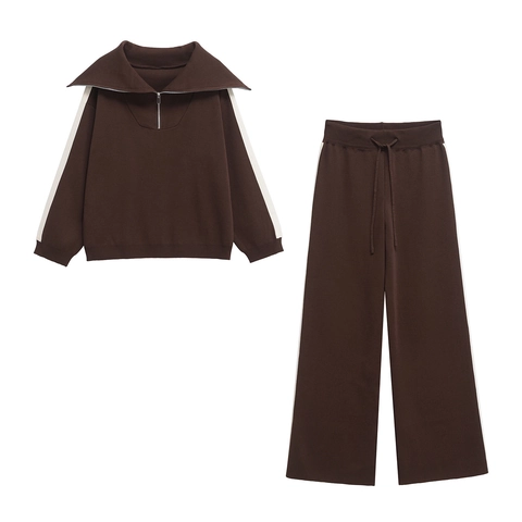 Sudadera De Punto Con Media Cremallera Y Pantalones De Pierna Ancha Con Rayas Laterales Ropa Casual De Calle