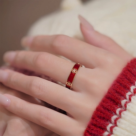 Anillo De Cobre Chapado En Oro De 18K Con Esmalte Rojo Y Zircón Estilo Hong Kong Vintage Moneda Joyería Ajustable