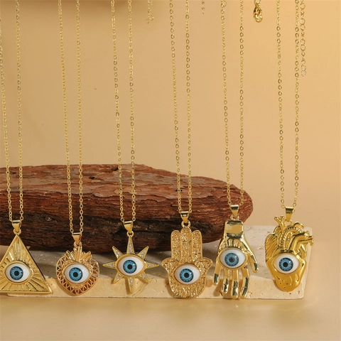Evil Eye Anhänger Halskette Kupfer Harz Zirkon Hamsa Hand Herz Dreieck Stern Schutzschmuck Für Damen
