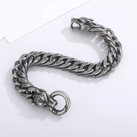 Bracelet Tête De Loup Double Acier Inoxydable 316L Hommes Punk Bijoux Viking Grosse Chaîne Gourmette Argent Antique Or Noir