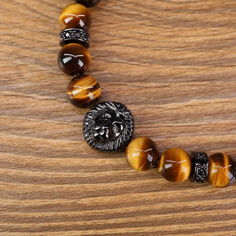 Beaded Bracelet Natural Tiger Eye Stone Alloy Lion Head Charm Adjustable Braided Rope Retro Punk Jewelry For Men