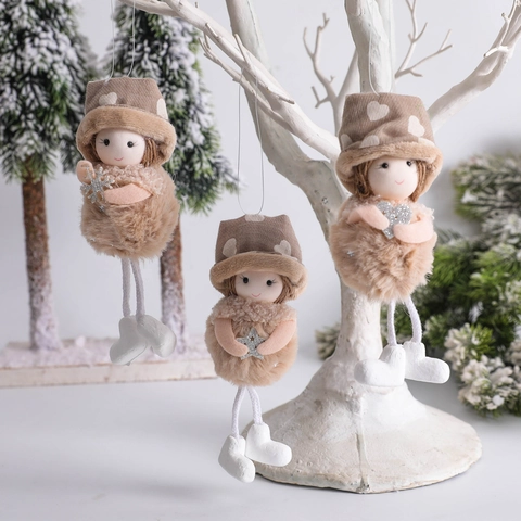 Ornamenti Appesi Albero Di Natale Bambola Angelo In Peluche Con Stella Cuore Glitter Argento Cappello Maglia Marrone