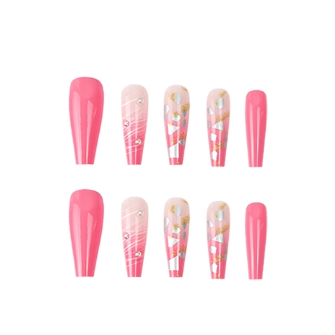 Lange Coffin Press On Nagels Roze Schelp Glitter Strass Kunstnagels Ballerina Stijl Kunstmatige Vingernagels