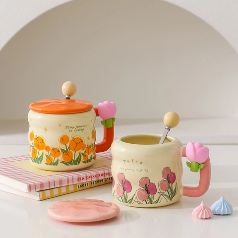 Mug En Céramique Avec Couvercle Et Cuillère Motif Fleur Tulipe Poignée Florale Style Ins Tasse Café Cadeau Pour Femmes