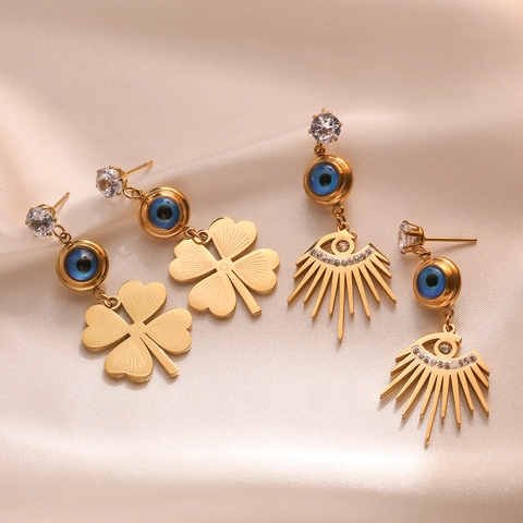 Evil Eye Hängeohrringe Vergoldeter Edelstahl Zirkonia Sonnenstrahl Kleeblatt Anhänger Vintage Schmuck Für Damen