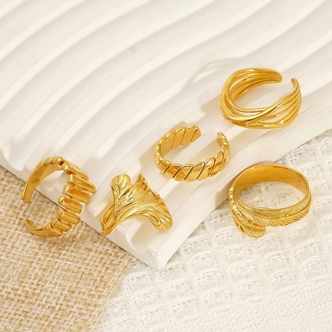 18K Vergoldete 304 Edelstahl Verstellbare Offene Ringe Minimalistische Feder Blatt Geometrische Wasserdichte Schmuck Für Frauen