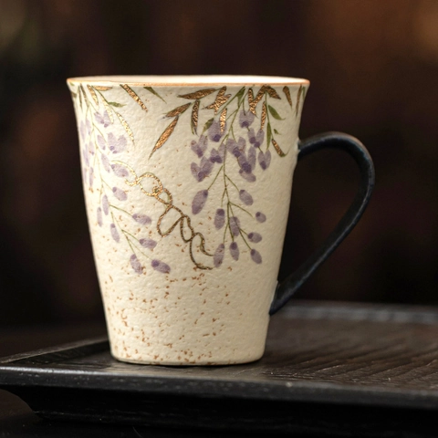 Vintage Ceramic Mug Hand Painted Gold Trace Wisteria Flower Matte Rock Texture Water Cup With Handle For Tea Coffee
