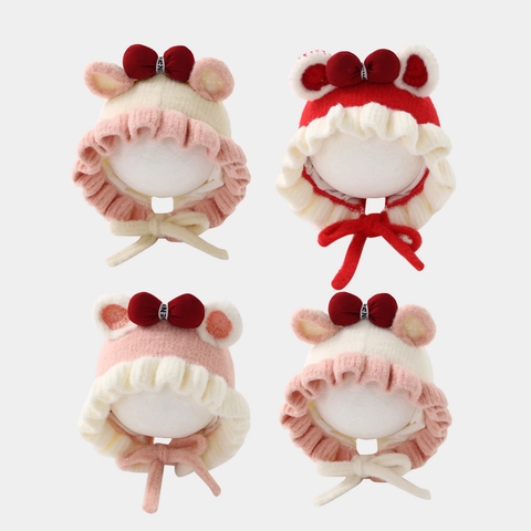 Grazioso Cappello Invernale con Paraorecchi in Peluche Lavorato a Maglia per Neonata con Fiocco Orecchie di Animali