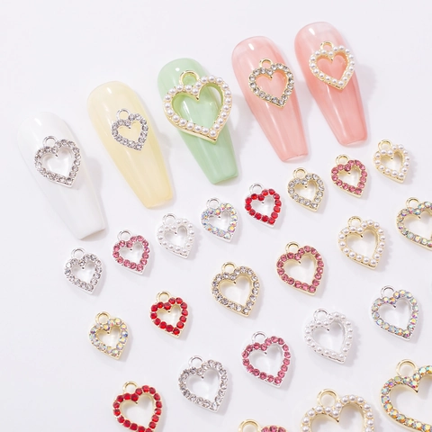 Heart Nail Art Charms Alloy Rhinestone Artificial Pearl Hollow 3D Hanging Pendants DIY Valentine Y2K Manicure Decoration