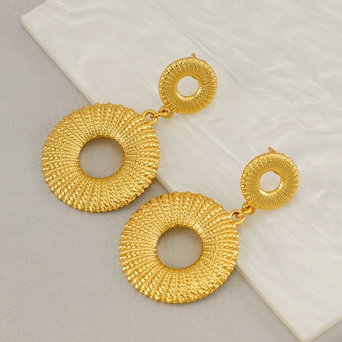 Edelstahl Doppelkreis Hängeohrringe Gewebte Textur 18K Vergoldet Retro Mode Schmuck Für Damen