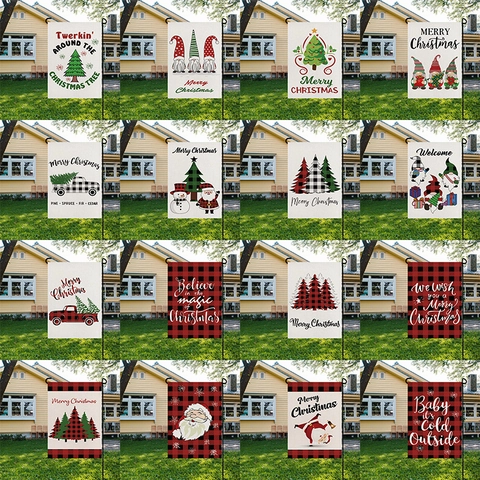 Christmas Garden Flag Linen Buffalo Plaid Outdoor Yard Decor Gnome Santa Truck Pattern Winter Holiday Home Ornament