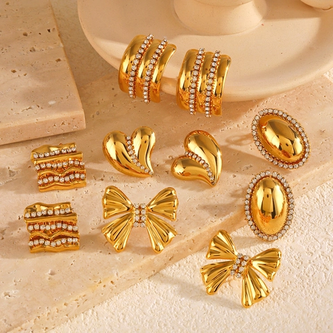 Stylish Stainless Steel Geometric Earrings For Women Gold Plated Rhinestone Inlaid Heart Oval Water Drop Bow Trendy Fashion Jewelry