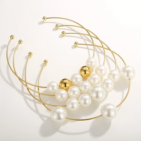 Minimalist Gold Stainless Steel Open Choker Necklace With Artificial Pearl Beads Exaggerated Neck Ring For Women Party Jewelry