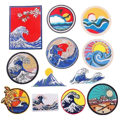Écussons Brodés La Grande Vague D'Ukiyo-e À Repasser Pour Vêtements Polyester Paysage Coucher De Soleil Montagne Applique DIY Badges Décoratifs