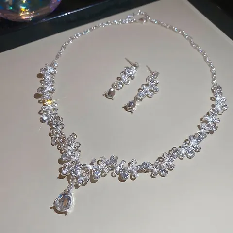 Collana E Orecchini Goccia Fiore Cavo Lega Strass Con Perno In Argento Sterling 925 Sposa