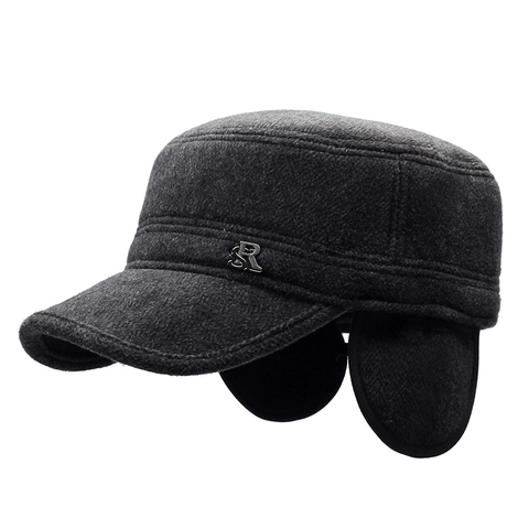 Gorra Militar Plana Hombre Con Orejeras Gorro Invierno Cálido Lana Vintage Ajustable Color Sólido