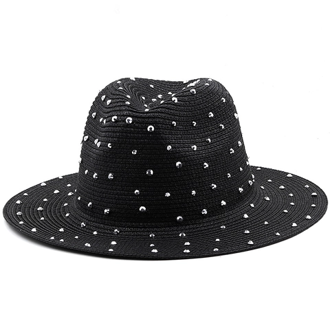 Cappello Fedora Di Paglia Con Strass Tesa Larga Protezione Solare Spiaggia Estate Traspirante Stile Jazz Per Uomo Donna