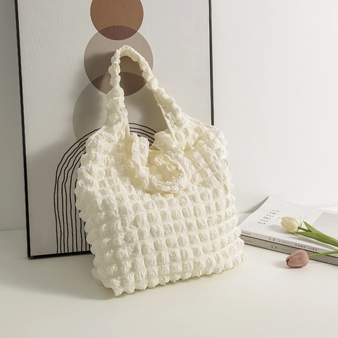 Ins Fashion Pleated Waffle Knit Tote Bag Large Capacity Casual Shoulder Shopping Bag Soft Polyester Handbag For Women