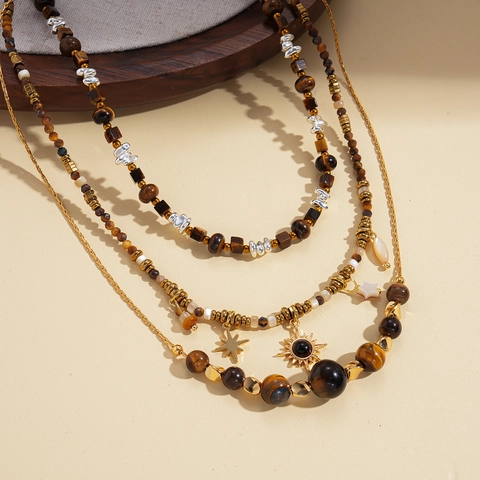 Vintage Bohemian Tiger Eye Stone Necklace Sun Star Beaded Clavicle Chain Jewelry For Women Retro Style Accessory
