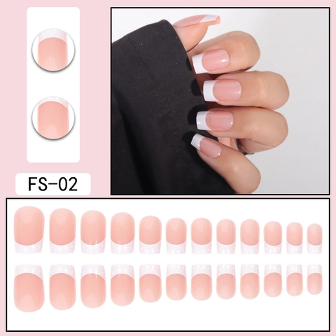 Unghie Finte A Pressione Stile Francese Rosa Nudo E Bianco Lucido Testa Quadrata Unghie Artificiali Manicure DIY