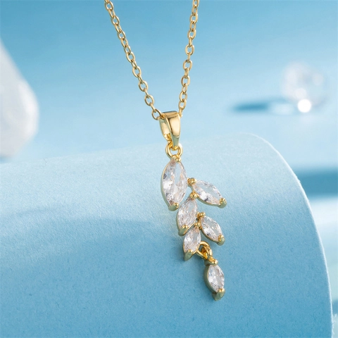 Leaf Branch Pendant Necklace Stainless Steel 18K Gold Plated Micro Pave Marquise Zircon Elegant Minimalist Jewelry For Women