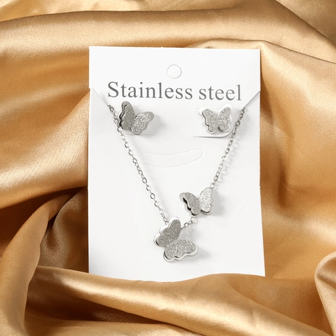 Butterfly Necklace And Earrings Stainless Steel Double Layer Frosted Wings Ins Style Fashion Jewelry For Women