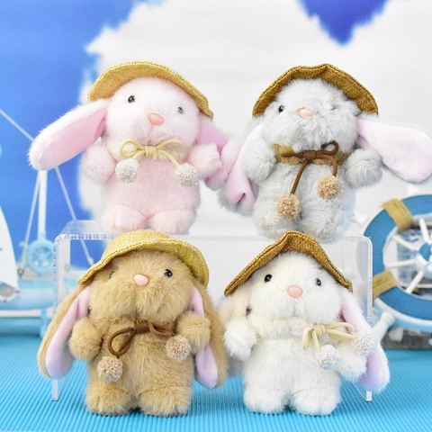Süßer Pudding Kaninchen Plüschtier Mit Strohhut Und Fliege Hase Schlüsselanhänger Anhänger Für Tasche Klaue Maschine Puppe Geschenk