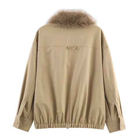 Damen Bomberjacke Mit Kunstpelzkragen Khaki Reißverschluss Elastischer Saum Lässige Mode Winterjacke Für Damen