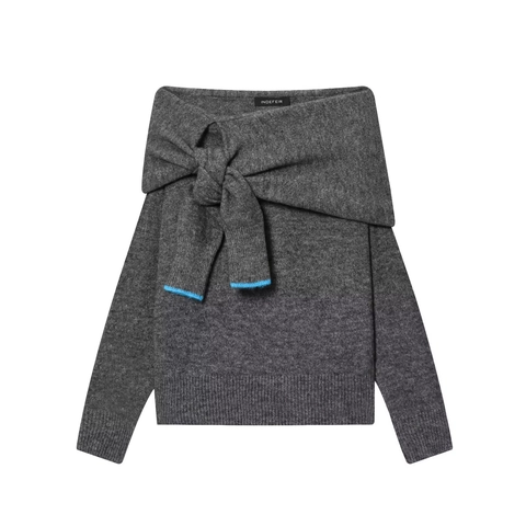 Maglione In Maglia Con Spalle Scoperte Donna Manica Lunga Fiocco Al Collo Bordo A Contrasto Slim Fit Grigio