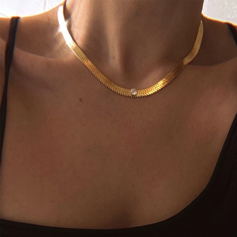 Collana A Catena A Spina Di Pesce Piatta In Acciaio Inossidabile Placcato Oro Con Zircone Colorato Tondo Catena Di Clavicola Vintage Donna