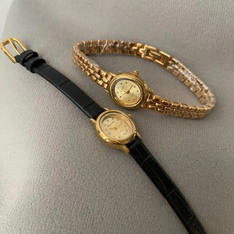 Montre à Quartz Bracelet Or pour Femme Vintage Boîtier en Alliage de Métal Cadran Sertie de Strass Mouvement Japonais Étanche Élégante