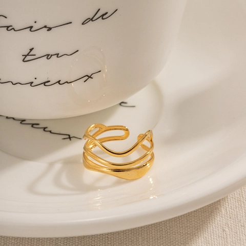 Irregular Water Ripple Multi-Layer Open Ring Stainless Steel 18K Gold Plated Adjustable Wave Jewelry For Women